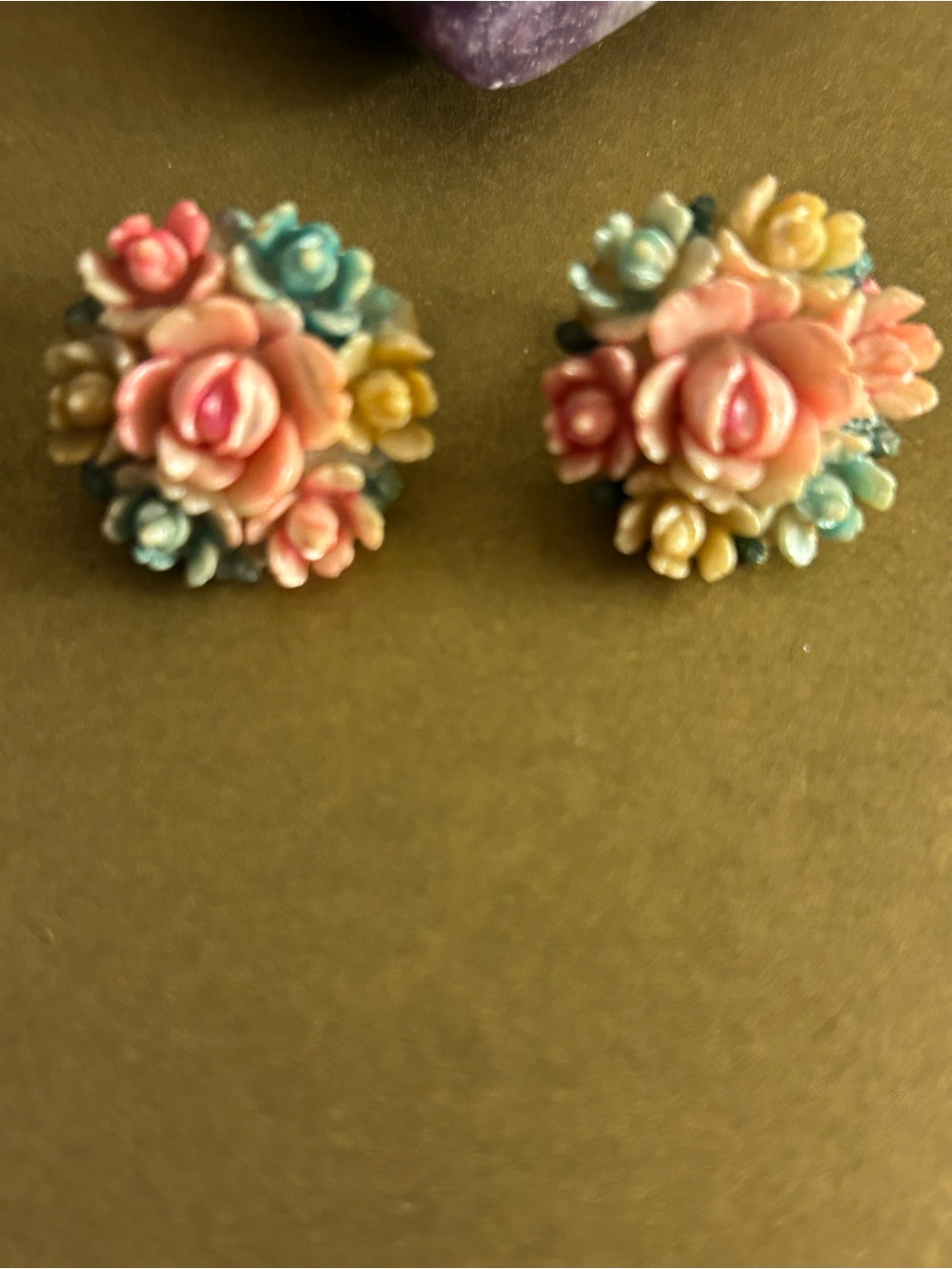 Vintage Celluloid pastel Rose Floral Bouquet clip on earrings, pink green 1950s